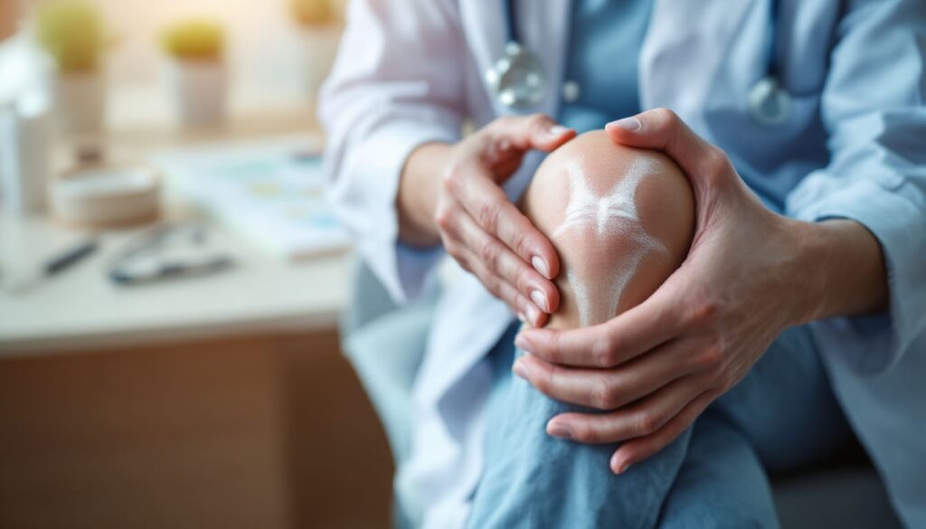 fisioterapeuta examina rodilla paciente mayor consulta