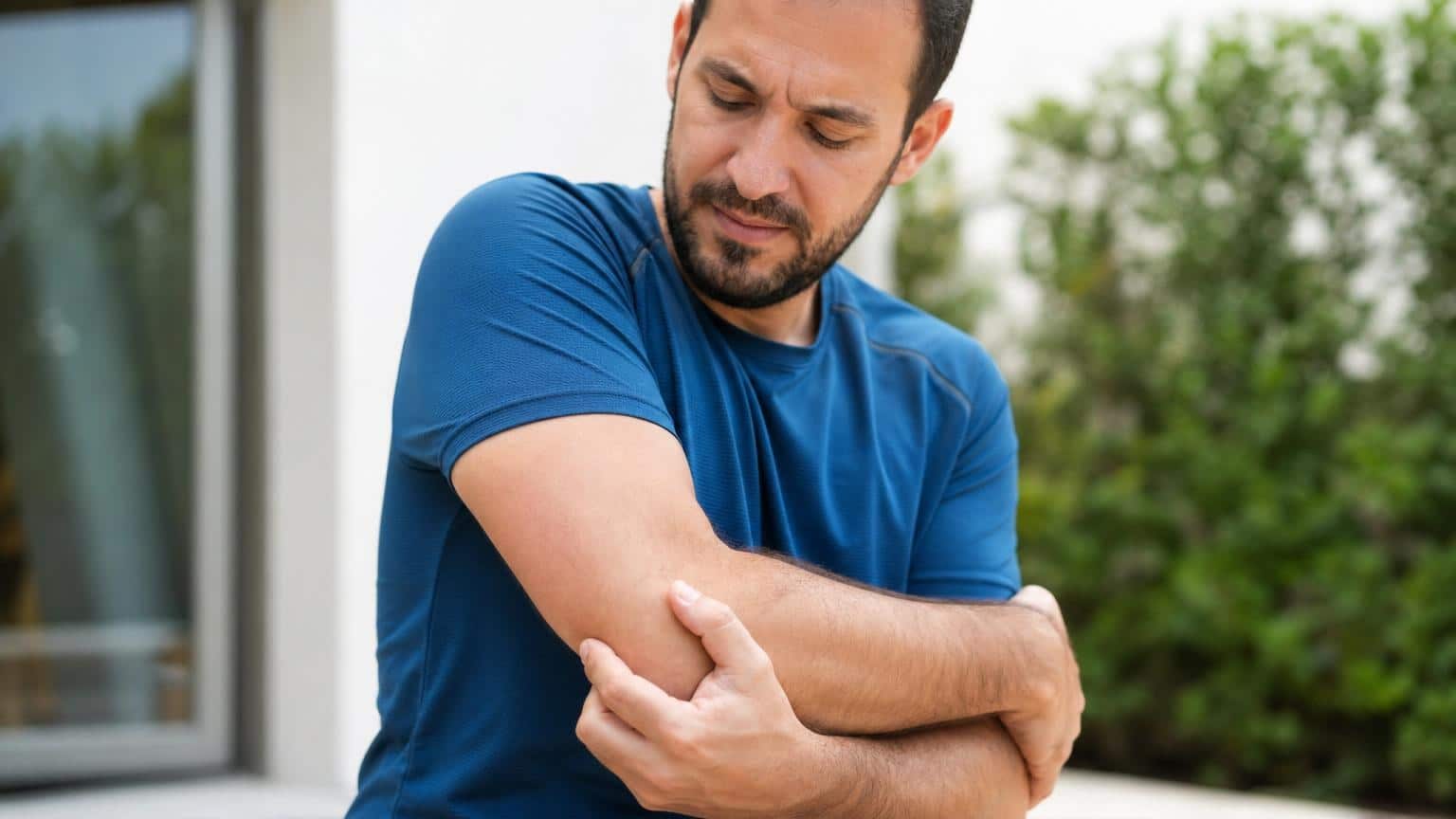 Man in a blue athletic shirt holding his inner elbow with a pained expression while standing outdoors.