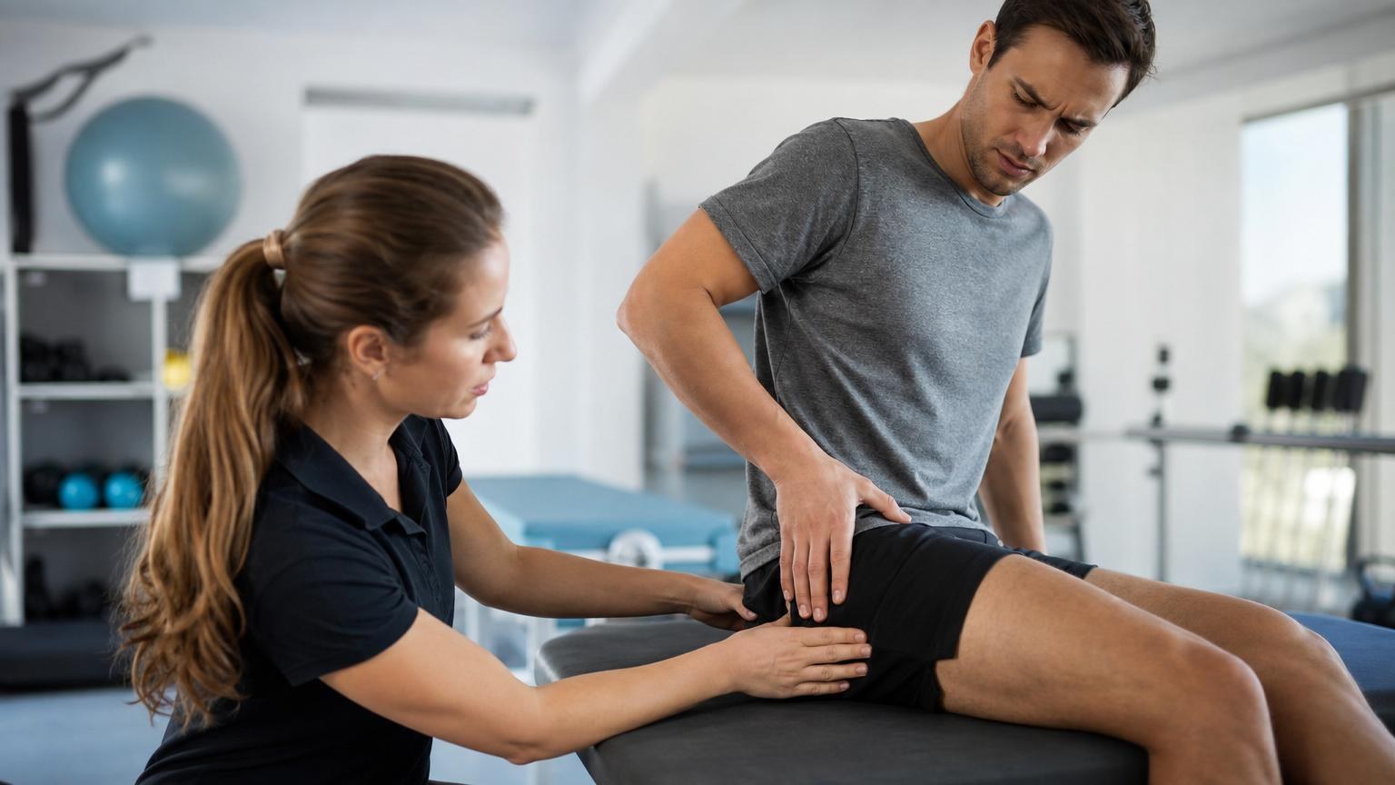 Female physiotherapist examining the outer thigh and hip of a male patient sitting on a treatment table in a bright clinic. Female physiotherapist examining the outer thigh and hip of a male patient sitting on a treatment table in a bright clinic.